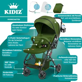 Kidiz KIDIZ® Kinderwagen Kinderbuggy klappbar Liegebuggy Sportwagen Faltbar 360° Räder 5-Punkt Gurt Inkl. Fußsack, Getränkehalter, Regenabdeckung & Moskitonetz verstellbare Rückenlehne & Sonnenverdeck