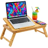 Relaxdays Laptop-Ständer, für 11,6-17,3 Zoll, höhenverstellbarer Laptophalter, Getränkehalter, Schublade, Bambus, Natur