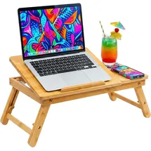 Relaxdays Laptop-Ständer, für 11,6-17,3 Zoll, höhenverstellbarer Laptophalter, Getränkehalter, Schublade, Bambus, Natur