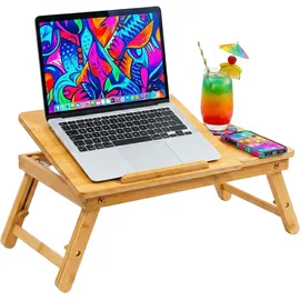 Relaxdays Laptop-Ständer, für 11,6-17,3 Zoll, höhenverstellbarer Laptophalter, Getränkehalter, Schublade, Bambus, Natur