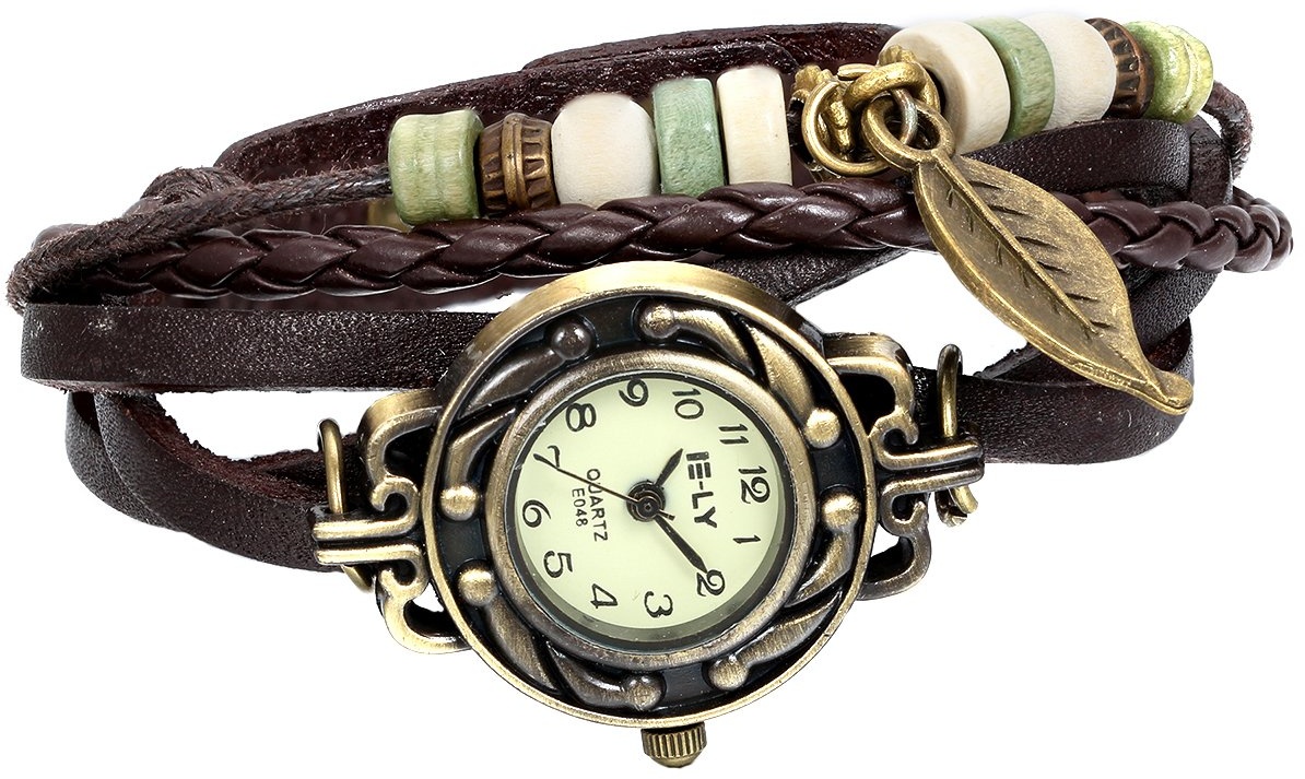 JewelryWe Damen Armbanduhr, Retro geflochten Leder Armband Armreif Armkette Uhr mit Baum Blatt Anhänger, Braun Bronze