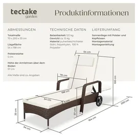 Tectake tectake® Rattan Sonnenliege, widerstandsfähig, 6-fach verstellbare Rückenlehne, 200 x 70 x 33 cm