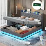 okwish Polsterbett Doppelbett 160x200cm mit LED und USB, hydraulisches Boxspringbett mit Stauraum, Lattenrost und Metallrahmen, Leinen(Ohne Matratz... - Grau