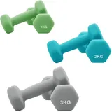Ochama Hex-Kurzhantelset in Limette, Teal & Hellgrau – inklusive Ständer, 3 Paare (1 kg, 2 kg, 3 kg),38.5x35.5x14.5cm, Neopren-Mattbeschichtung – perfekte Handgewichte für das Heimtraining