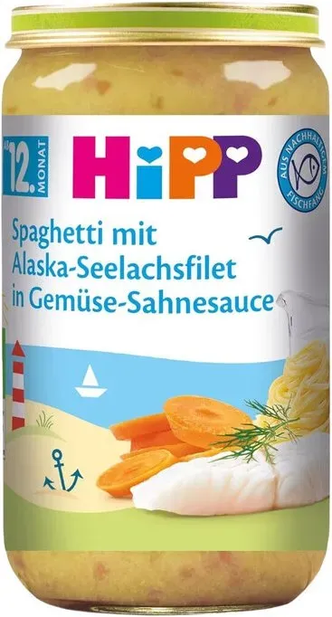 HiPP Spaghetti mit Alaska-Seelachsfilet in Gemüse-Sahnesauce, 6er Pack (6 x 250 g)