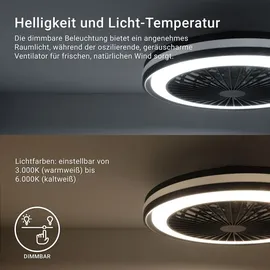 Melitec Deckenleuchte mit Ventilator, Deckenlampe mit Ventilator, dimmbar, RGB-Lauflicht, natürlicher Wind, Timer und Nachtlicht, Fernbedienung, schwarz,