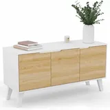 IDMarket - Sideboard, niedrig, skandinavisch, 113 cm, Finn, Weiß, 3 Türen, Buche-Optik