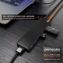 Primewire USB 3.2 Hub mit Netzteil, Ultra Slim 4-Port Verteiler, Datenhub für PC PS4 Notebook Netbook Laptop Ultrabook Tablet-PC MacBook, Bus-Powered