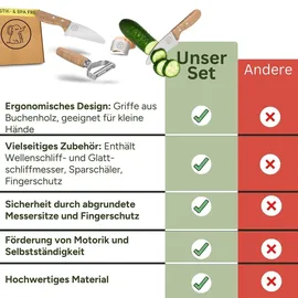 kibbidea Kindermesser Set 7-tlg. Edelstahl mit Buchenholzgriffen