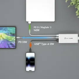 j5create JUP37185W-EN 185-Watt-GaN-PD-3.1-USB-C-Ladegerät mit 3 Anschlüssen - EU-Version - Weiß