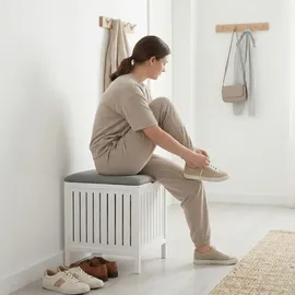 Relaxdays Wäschekorb zum Sitzen, Walnussholz weiß/grau