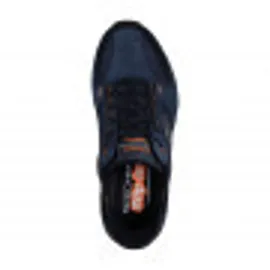 SKECHERS Oak Canyon Consistent Winne Herren-Sneaker, freihändig, Marineblaues Leder, Textil, orangefarbener Besatz, 43 EU