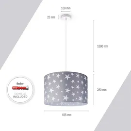 Paco Home Pendellampe Kinderzimmer Pendelleuchte Baby Lampenschirm Stoff Rund Sterne Kinderlampe Deckenlampe LED Sternenhimmel Motiv E27