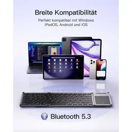 Inateck Faltbare Tastatur mit Touchpad, KI-Taste, BT 5.3, bis 3 Geräte mit iPadOS Android, Windows, QWERTZ, KB06101