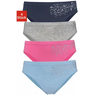 PETITE FLEUR Bikinislip PETITE FLEUR, Mädchen, Gr. 158/164, 4 Stk., bunt (blau, meliert, pink, marine, grau, meliert), Single Jersey, Obermaterial: 95% Baumwolle, 5% Elasthan, Glitzermuster, körpernah, Unterhosen, schöner Basic für jeden Tag, mit floralem Glitzerdruck