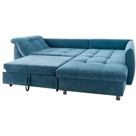 luma-home Ecksofa mit Schlaffunktion und Bettkasten 250x190 cm, Wellenfedern, Ottomane rechts, Mikrofaser Blau, / 17101