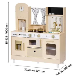 Vevor Spielküche für Kinder, Moderne Kinderküche mit Licht & Sound, Holzküche mit Herd Backofen Spüle Mikrowelle Eisspender & Getränkespender, Küchenspielzeug mit Kochset für Kinder ab 3 Jahren, Beige