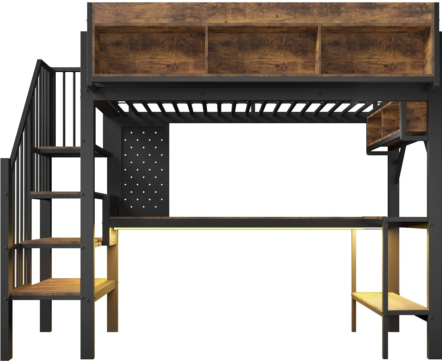 Hochbett 90x200 cm mit Eckschreibtisch, viel Stauraum & Lochplatte, integrierte Steckdosenleiste, 255x114x182 cm, Braun+Schwarz