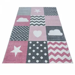 Kinderteppich mit Karo-Design & Herz-Stern-Wolke-Muster – Rechteckig oder Rund