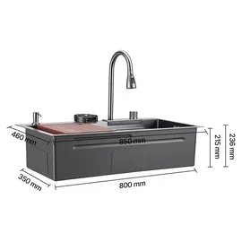 Vevor Einbauspüle 850 x 460 x 236 mm, Einbauspülbecken mit Integrierter Stufe, Wasserfallarmatur & Schneidebrett, Einzelbecken Geeignet für Wohnmobil, Vorbereitungsküche, Waschküche & Bar