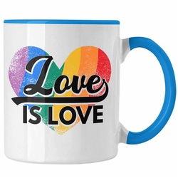 Trendation Tasse Trendation – LGBT Tasse Geschenk für Schwule Lesben Transgender Regenbogen Lustige Grafik Regenbogen Love Is Love blau