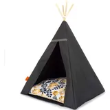 Tipi für Katzen und Hunde. Zelt für Katzen. Wasserdichtes Bett für Haustiere. Haus für Katzen. Zelt mit Abnehmbarer Abdeckung für Katzen. (65x65x92cm, Schwarzes Zelt, Blätter)