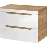 Lomadox Badezimmer Waschtisch-Unterschrank 80 cm, Hochglanz weiß mit Wotan Eiche Nb., Softclose-Schubkästen, B/H/T ca. 81/61,5/46 cm