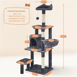 Yaheetech Kratzbaum Katzenkratzbaum 145 cm Stabiler Katzenbaum mit Aussichtsplattform Liegemulde Sisalstämme Kletterbaum für kleinen mittelgroßen