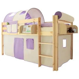 TICAA Hochbett Malte 90 x 200 cm Kiefer massiv natur lila-weiß