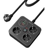 Steckdosenleiste mit 4 USB, BOCHLION 3 Fach Mehrfachsteckdose Überspannungsschutz mit PD20W und QC3.0, Mehrfachstecker Steckerleiste Wandmontage 3250W/13A, Steckdosenadapter mit 1.8M Kabel -Schwarz