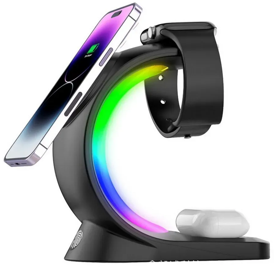 yozhiqu Smartphone-Dockingstation 3-in-1, 15W Schnelles Magnetisches Kabelladegerät Stand, 6-farbiges RGB-Licht, hohe Kompatibilität, rutschfester Ständer schwarz