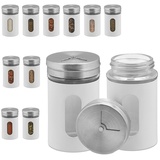 Relaxdays Gewürzstreuer, 12er Set, 3 Streugrade, Gewürze & Kräuter, Gewürzgläser, 90 ml, Glas & Edelstahl, weiß/Silber