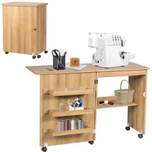 Goplus Nähtisch Faltbar, Nähmaschinentisch auf Rollen, Nähschrank Nähmaschinenschrank Computertisch Schreibtisch Arbeitstisch (Natur)