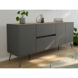 Raumwunder XL Sideboard Kommode Pharo 180cm 2 SoftClose 3 Türen Grafit/Eiche Top