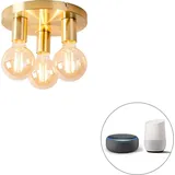 QAZQA - Design Smarte Deckenleuchte I Deckenlampe I Lampe I Leuchte Gold I Messing rund inkl. 3-flammig WiFi G95 - Facil Dimmer I Dimmbar I Wohnzim... - Gold