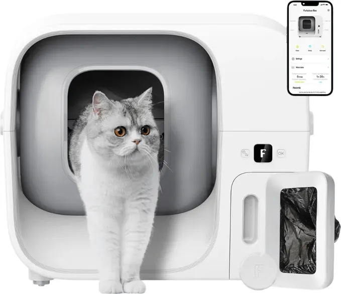 FURBULOUS [TÜV-Zertifiziert] Weltweit erste selbstreinigende Katzentoilette mit Auto-Pack & Seal: Null Geruch, Klemmschutz, automatisches Nachfüllen, Auslaufschutz. Großer Roboter mit App-Steuerung, ideal für Mehrkatzenhaushalte. Inkl. 60-Tage-Starter-Kit (1 Beutel & 3 Deosticks)