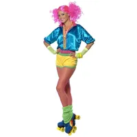 3-teiliges 80er Jahre Skater Girl Damen-Kostüm Jacke Top Shorts 80`s Achtziger Rollschuh-Disco Rollerblades Neon, Größe:M
