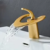 Waschtischarmatur – Wasserfall-design – Aufsatzmontage – Einhebelmischer – Einlochmontage – Warm- Und Kaltwasser – Keramikventil – Messing – Gebürstetes Gold
