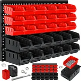 MASKO® Stapelboxen + Wandregal 32-teiliges Set Box Sichtlagerkästen Schüttenregal Steckregal, Hängeregal, Sortimentskasten, Kleinteilemagazin, Werkstatt-Regal, Schwarz / Rot