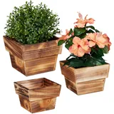 Relaxdays Blumentopf im 3er Set, geflammtes Holz, für außen & innen, viereckig, Deko für Pflanzen, Pflanzengefäß, Natur