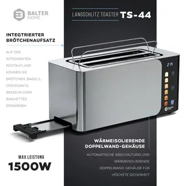 Balter Toaster 4 Scheiben, Langschlitz, Edelstahl, Brötchenaufsatz, LCD Display, Auftaufunktion, Brotzentrierung, Krümelschublade TS-44 Silber