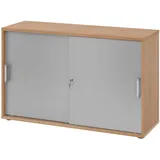 bümö Schiebetürenschrank 2OH - Aktenschrank abschließbar, Sideboard Schrank mit Schiebetüren in Nussbaum/Silber, Chromgriff - Büroschrank aus Holz