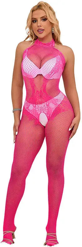 SUBBLIME  Bodystocking mit offenem Schritt aus Netz und Spitze mit hohem Hals One Size