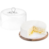 Navaris Tortenplatte mit Glas Glocke Ø 28cm Kuchenplatte Kuchenglocke - Tortenbehälter rund - Kuchenbehälter mit Deckel - Tortenbutler aus Marmor Holz Glas