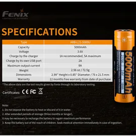 Fenix ARB-L21-5000U 21700 Li-Ion Akku 3,6V 5000mAh mit USB