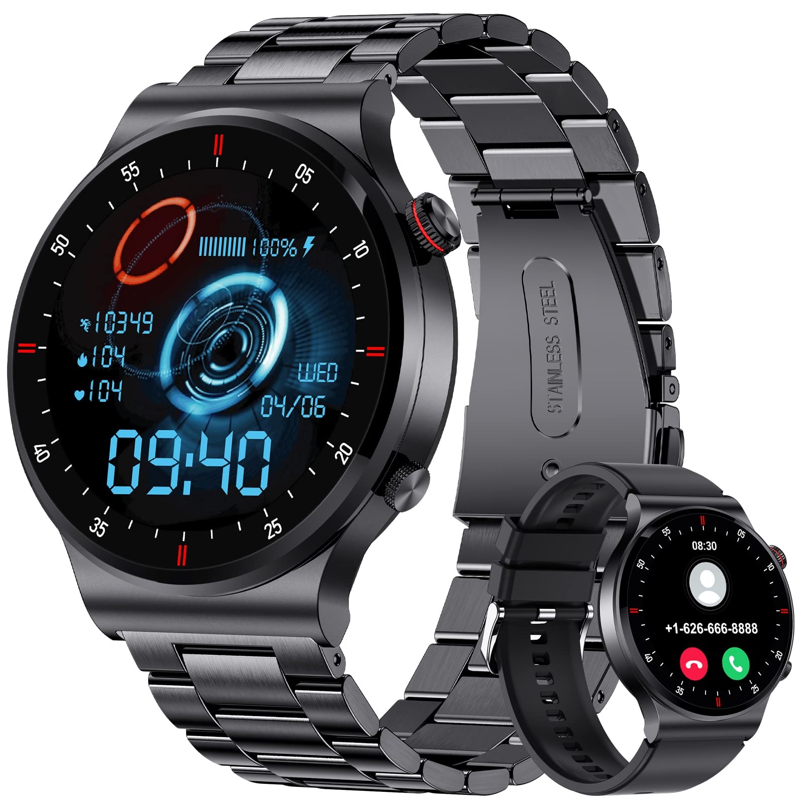 Smartwatch Herren mit Telefonfunktion,1.32" HD Touchscreen Fitness Tracker,100+ Sportmodi,IP68 Wasserdicht Sportuhr mit Herzfrequenz Schlafmonitor,Edelstahl Smart Watch für Android iOS,Schwarz
