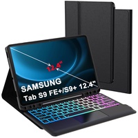 ROOFEI Galaxy Tab S9 FE+/S9 Plus Hülle mit Tastatur: 12.4 Zoll Galaxy Tab S9+ Abnehmbar Tastatur mit Touchpad & 3-Zozen-7-Farbige Beleuchtung - Kabellose Deutsches QWERTZ-Layout Tastatur Tab S9FE Plus