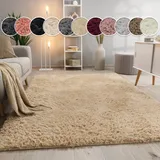Paco Home Hochflor Teppich Wohnzimmer Fellteppich Kunstfell Shaggy Flauschig beige, 60x100 Cm