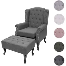 Mendler Ohrensessel Chesterfield Stoff/Textil 77 x 102 x 0 cm Dunkelgrau mit Ottomane