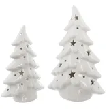 Dekoleidenschaft 2er Set LED Tannen aus Porzellan, Hochglanz weiß, 15 + 19 cm hoch, Tannenbaum beleuchtet, Adventsdeko, Weihnachtsdeko, Leuchtdeko, Dekofigur, Mini Weihnachtsbaum